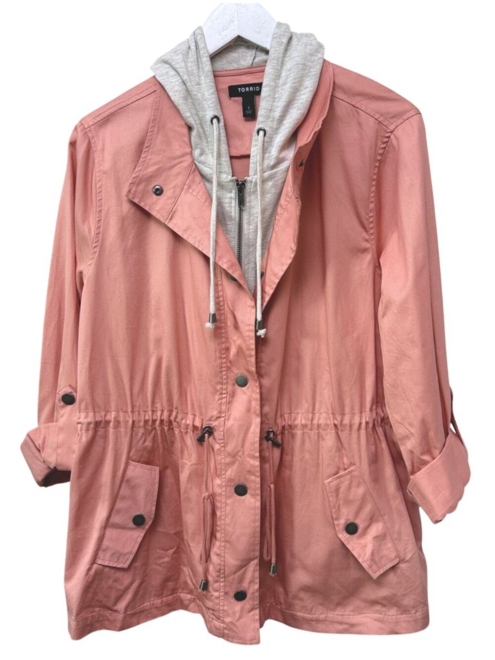 TORRID Utility Jacket Plus Size 1X Pink Gray Layered Look Hooded Womens Casual